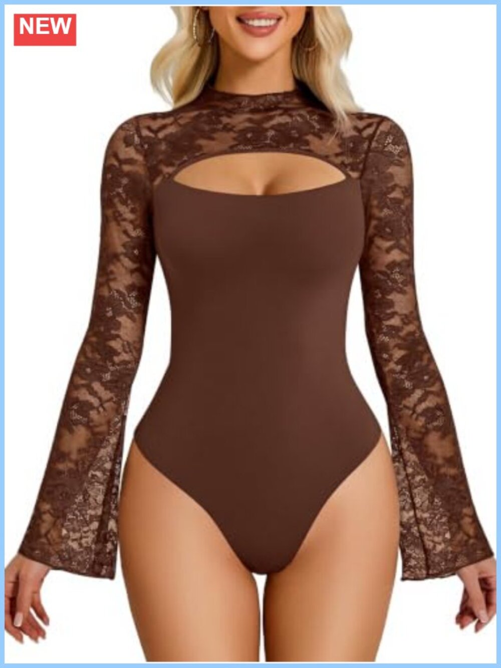 Lace Long Sleeve Bodysuit Cutout Mock Neck Bell Sleeve Top